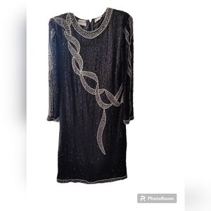 Silky Nites By Cherish Vintage Black and Silver Bedazzled Midi Dress Size XL
